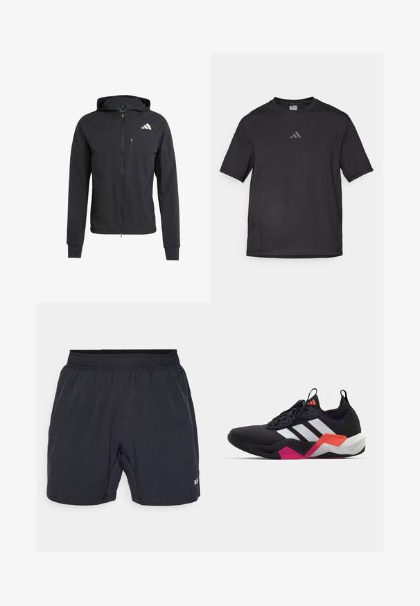Svart hettejakke med glidelås laget av mykt, lett materiale. Har en glidelåslomme på brystet og logo detaljer øverst til venstre.; Svart atletisk t-skjorte laget av pustende materiale, med korte ermer, rund hals og et reflekterende logo på brystet.; Sorte shorts med elastisk midjebånd, laget av glatt, lett stoff, med en liten logo nederst til høyre.; Sorte idrettssko med hvite striper, teksturert overdel og en kraftig såle med oransje, rosa og hvite detaljer. Snøring med trekkstroppe.