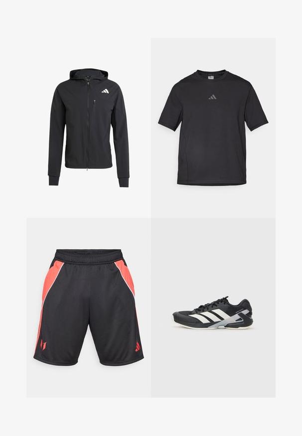 Čierna zipsová bunda s kapucňou vyrobená z mäkkej, ľahkej tkaniny. Má zipsovú náprsné vrecko a logo umiestnené v hornej ľavej časti.; Čierne atletické tričko vyrobené z priedušného materiálu, s krátkymi rukávmi, okrúhlym výstrihom a reflexným logom na hrudi.; Čierne športové šortky s červenými bočnými panelmi, bielym akcentovaním, elastickým pásom a logom na dolnej ľavej nohe.; Čierna športová obuv s bielymi pruhmi, sieťovinový zvršok, zaoblená špička a polstrovaná podrážka. Obsahuje štruktúrovaný opätok a bezpečný systém šnurovania.