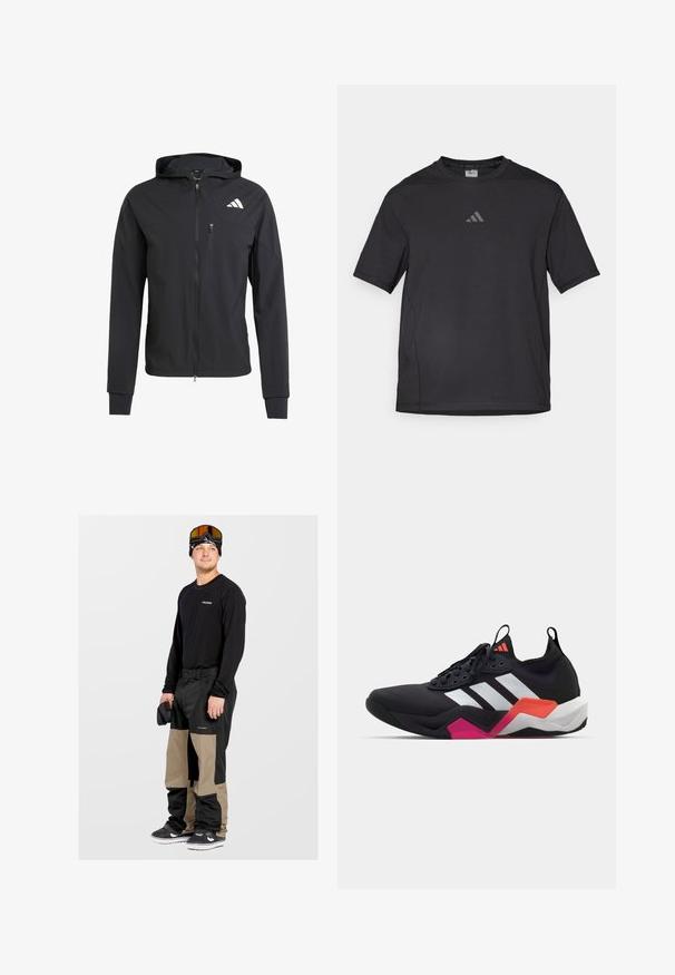 Giacca nera con zip e cappuccio realizzata in tessuto morbido e leggero. Presenta una tasca sul petto con zip e un dettaglio del logo sulla parte superiore sinistra.; Maglietta sportiva nera realizzata in materiale traspirante, con maniche corte, colletto rotondo e logo riflettente sul petto.; Camisetta nera a maniche lunghe con logo, pantaloni impermeabili beige e neri, sneakers nere, occhiali da nuoto e berretto, mani che tengono un guanto.; Sneaker nera da atletica con strisce bianche, tomaia testurizzata e suola spessa con dettagli arancioni, rosa e bianchi. Design con lacci e maniglia per il pull.