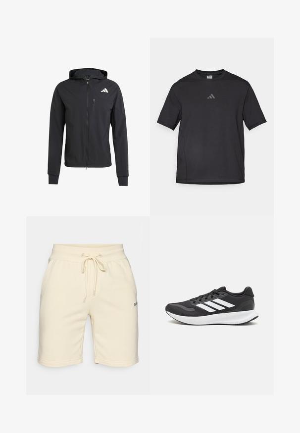 Musta vetoketjullinen huppari, joka on valmistettu pehmeästä ja kevyestä kankaasta. Siinä on vetoketjullinen rintatasku ja logotunnus vasemmalla ylhäällä.; Musta urheilupaita, joka on valmistettu hengittävästä materiaalista, jossa on lyhyet hihat, pyöreä kaula-aukko ja heijastava logo rinnassa.; Vaaleankreemiväriset puuvillashortsit, joissa on joustava vyötärö, nyöri, sivutaskut ja pieni brodeerattu logo vasemmassa helmassa.; Mustat urheilukengät hengittävällä verkkosella yläosalla, valkoisilla yksityiskohdilla ja pehmustetulla pohjalla. Sivussa on kolme raitaa -logo.