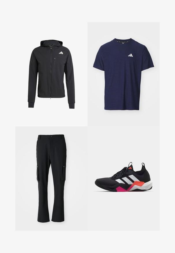 Μαύρο φούτερ με φερμουάρ, φτιαγμένο από μαλακό, ελαφρύ ύφασμα. Διαθέτει τσέπη στο στήθος με φερμουάρ και λεπτομέρεια λογότυπου στην αριστερή επάνω πλευρά.; Ναυτικό μπλε κοντομάνικο μπλουζάκι φτιαγμένο από υφασμάτινη ύλη με στρογγυλή λαιμόκοψη και λευκό σχέδιο λογότυπου στην αριστερή περιοχή του στήθους.; Μαύρα cargo παντελόνια από ελαφρύ ύφασμα, που διαθέτουν δύο πλευρικές τσέπες, κλείσιμο με κουμπί και ίσια γραμμή.; Μαύρο αθλητικό παπούτσι με λευκές ρίγες, υφασμάτινη επιφάνεια με υφή και χοντρή σόλα με πορτοκαλί, ροζ και λευκές λεπτομέρειες. Σχέδιο με κορδόνια και λαβή.