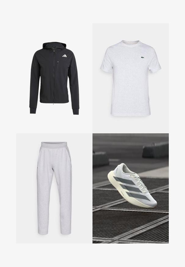 Melnas jaku ar rāvējslēdzēju, izgatavota no mīksta, viegla auduma. Iekļauj rāvējslēdzēja kabatu krūtīs un logotipa dizainu augšējā kreisajā pusē.; Gaišpelēka kokvilnas T-krekls ar īsām piedurknēm, apaļu kakla izgriezumu un zaļu izšūtu logotipu kreisajā krūtīs. Mīksta tekstūra, ikdienišķs dizains.; Gaiši pelēki sporta bikses, kas izgatavotas no mīkstas auduma, ar elastīgu jostu, divām sānu kabatām un sašaurinātām kājām ar apgrieztu apakšmalu.; Balts sporta apavs ar teksturētu sieta augšdaļu, pelēkām svītrām un mīkstinātu zolīti. Viegls dizains, piemērots skriešanai.