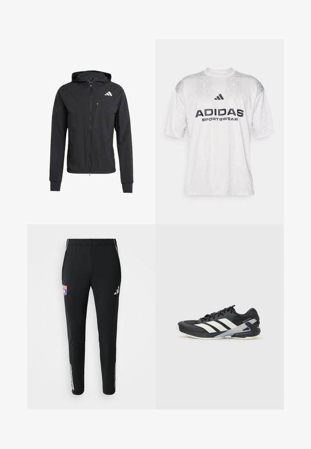 Crna zip-jakna s kapuljačom izrađena od mekog, laganog materijala. Ima ziper džep na grudima i detalj s logotipom na gornjoj lijevoj strani.; adidas Sportswear TIRO TEE - Majica kratkih rukava s printom - grey one/black; Crne atletske hlače uskog kroja. Imaju sivi Adidas logo sa strane i šareni timski grb sprijeda. Napravljene su od glatkog, rastezljivog materijala.; Crne atletske cipele s bijelim prugama, mrežasta gornja strana, zaobljeni prst i podstavljeni đon. Imaju teksturiranu petu i siguran sustav vezivanja.