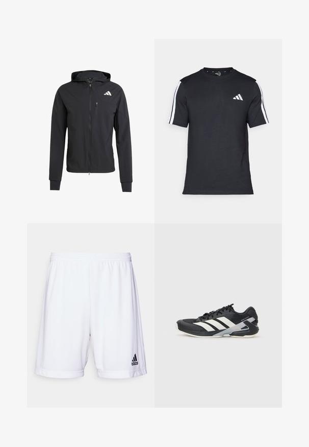 Črna zip-up kapuca iz mehkega, lahkotnega materiala. Ima žep na prsih z zadrgo in detajl logotipa na zgornji levi strani.; Črna majica z kratkimi rokavi iz bombaža, z belimi črtami na ramenih in belim logotipom na levem prsnem delu.; Beli atletski kratki hlače z elastičnim pasom, izdelane iz gladkega materiala. Na spodnji levi strani se nahaja črn Adidasov logotip.; Črne atletske čevlje z belimi črtami, mrežastim zgornjim delom, zaobljenim nosom in blaženim podplatom. Imajo teksturiran petni del in varen sistem vezalk.