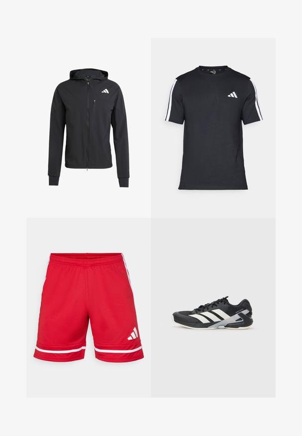 Casaco com capuz preto, com fecho éclair, feito de um tecido suave e leve. Possui um bolso no peito com fecho éclair e detalhe do logo no lado superior esquerdo.; T-shirt preto feito de algodão, com mangas curtas, apresentando riscas brancas nos ombros e um logótipo branco no lado esquerdo do peito.; Calções desportivos vermelhos feitos de um tecido leve, com riscas brancas horizontais na bainha e um logotipo branco na perna esquerda.; Sapata atlética preta com riscas brancas, parte superior em malha, biqueira arredondada e sola acolchoada. Apresenta um calcanhar texturizado e um sistema de atacadores seguro.