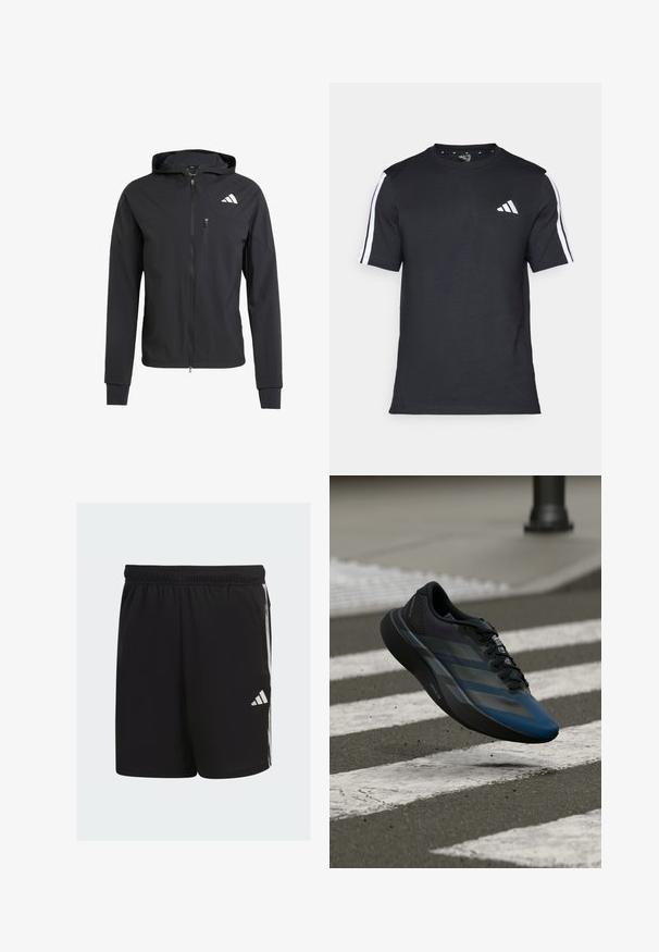 Crna zip-jakna s kapuljačom izrađena od mekog, laganog materijala. Ima ziper džep na grudima i detalj s logotipom na gornjoj lijevoj strani.; Crna majica od pamuka s kratkim rukavima, koja ima bijele pruge na ramenima i bijeli logo na lijevoj strani prsiju.; Crne sportske kratke hlače od lagane tkanine s elastičnom gumom, sa bijelim trakama i Adidas logom sa strane.; Crna i plava sportska cipela sa zakrivljenim dizajnom, teksturiranom gornjom stranom, kontrastnim prugama i jastučićem u potplatu, lebdi iznad pločnika.