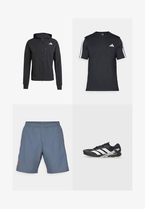 Veste à capuche zippée noire en tissu doux et léger. Elle présente une poche poitrine zippée et un détail de logo sur le côté supérieur gauche.; T-shirt noir en coton à manches courtes, arborant des rayures blanches sur les épaules et un logo blanc sur la poitrine gauche.; Shorts de sport gris avec taille élastique, poches latérales et logo rouge sur la jambe gauche. Tissu léger et lisse avec un éclat subtil.; Chaussure de sport noire avec des rayures blanches, tige en mesh, bout arrondi et semelle rembourrée. Comprend un talon texturé et un système de laçage sécurisé.