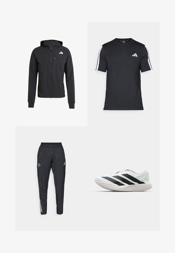 Musta vetoketjullinen huppari, joka on valmistettu pehmeästä ja kevyestä kankaasta. Siinä on vetoketjullinen rintatasku ja logotunnus vasemmalla ylhäällä.; Mustapaita, joka on valmistettu puuvillasta ja jossa on lyhyet hihat. Paidassa on valkoiset raidat hartioilla ja valkoinen logo vasemmassa rinnassa.; Mustat urheiluhousut, joissa on joustava vyötärö, brodeerattu logo reidessä ja valkoiset raidat sivuilla.; Kevyt juoksukengät vaaleansinisinä mustilla raidoilla. Ominaisuuksiin kuuluu sileä pinta, pyöreä kärki ja paksu valkoinen välipohja, joka on merkitty "LIGHTSTRIKE PRO".