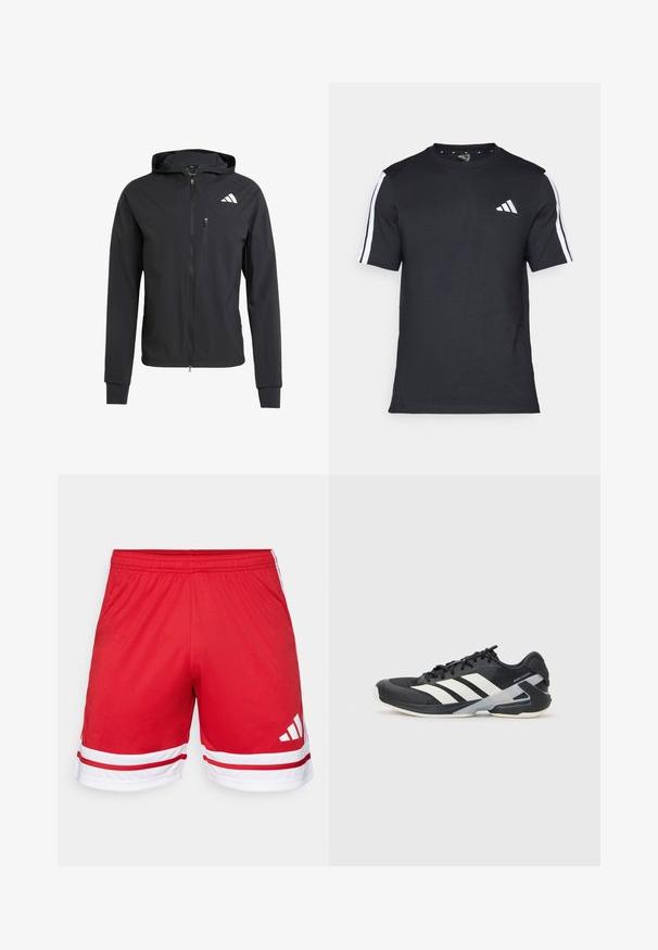 Mustmust mustrip ja pehmeast, kerge kangast. Varustatud lukuga rinna tasku ja logoga detail vasakul ülal.; Mustvalge T-särk puuvillast, lühikeste varrukatega, millel on valged triibud õlgadel ja valge logo vasakul rinnal.; Punased sportlikud lühikesed püksid, mis on valmistatud siledast materjalist, mille ääres on valge aksentlint ja külgedel kolm valget triipu.; Mustad sportlik jalanõud mustade värvidega, valgete triipudega, võrgusilma pealmine osa, ümar varvas ja pehme tallaga. Omab tekstureeritud kontsa ja kindlat paeltesüsteemi.