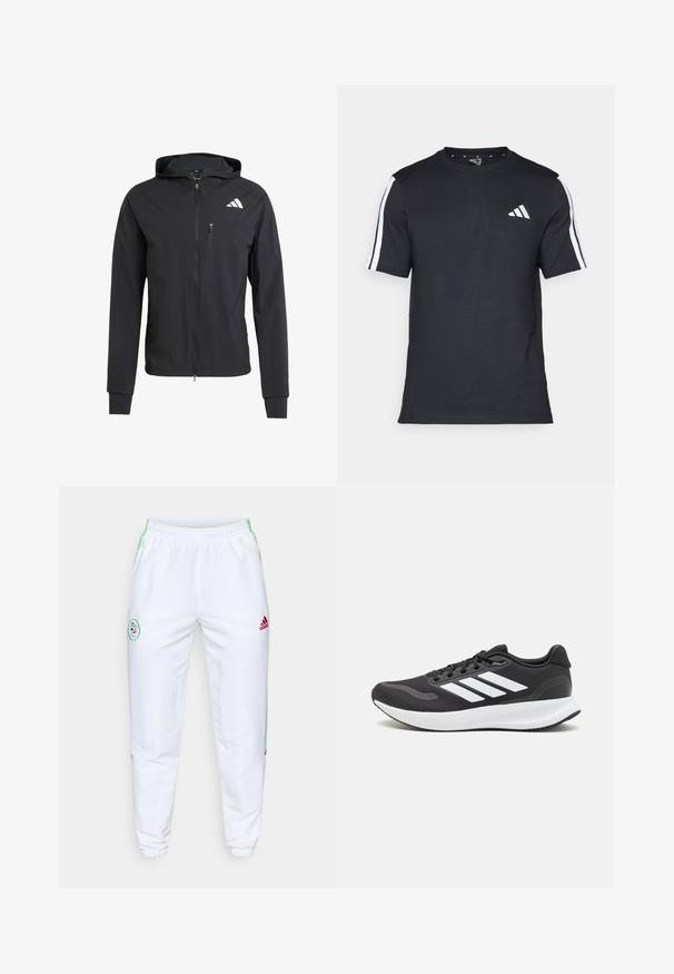 Čierna zipsová bunda s kapucňou vyrobená z mäkkej, ľahkej tkaniny. Má zipsovú náprsné vrecko a logo umiestnené v hornej ľavej časti.; Čierne tričko z bavlny s krátkymi rukávmi, s bielymi pruhmi na pleciach a bielym logom na ľavej hrudi.; Biele športové nohavice s elastickým pásom, zelenými bočnými prúžkami a červeným logom Adidas. Na stehne sa nachádza okrúhla vyšitá nášivka.; Čierna športová obuv s priedušným sieťovaným zvrškom, bielymi akcentmi a polstrovanou podrážkou. Na bočnej strane sa nachádza logo so tromi pruhmi.