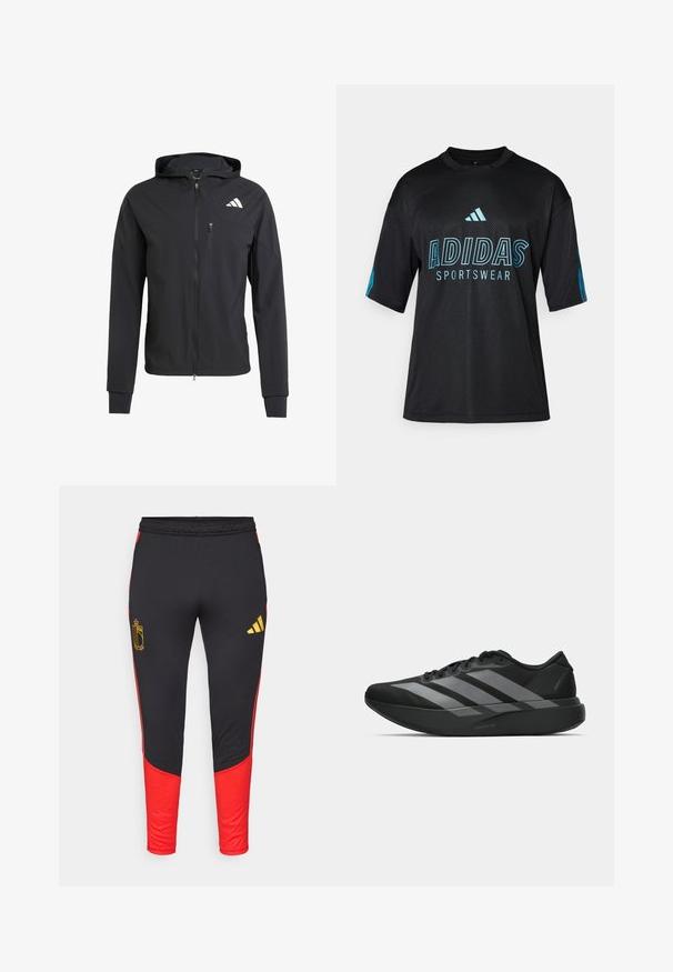 Crna zip-jakna s kapuljačom izrađena od mekog, laganog materijala. Ima ziper džep na grudima i detalj s logotipom na gornjoj lijevoj strani.; Crna Adidas sportska majica s mrežastom teksturom, kratkim rukavima, okruglim ovratnikom i plavim logotipom te natpisima na prednjem dijelu i rukavima.; Crne atletske hlače s crvenim bočnim panelima, s zlatnim logotipom na lijevom butu i žutim Adidas logotipom na desnoj nozi.; Crne atletske tenisice s laganim dizajnom, koje imaju tri istaknute sive pruge, glatku teksturu i oblikovanu pogodnu potplat.