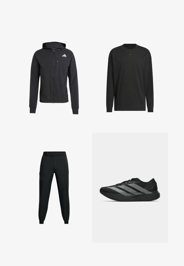 Veste à capuche zippée noire en tissu doux et léger. Elle présente une poche poitrine zippée et un détail de logo sur le côté supérieur gauche.; T-shirt noir à manches longues en coton doux, avec un col rond, une coupe décontractée et un petit logo sur la poitrine.; Pantalons de sport noirs avec une taille élastique, un design de jambe fuselée, des poches latérales et des détails de panneaux contrastants. Tissu léger et lisse.; Chaussures de sport noires au design léger, présentant trois rayures grises marquées, une texture lisse et une semelle profilée.