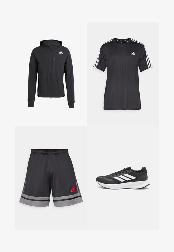Czarna, zapinana na zamek kurtka z kapturem, wykonana z miękkiego, lekkiego materiału. Posiada kieszeń na zamek na klatce piersiowej oraz detal z logo na górnej lewej stronie.; Czarny t-shirt z krótkim rękawem z białym wzorem trzech pasków na ramionach i logo na klatce piersiowej. Wykonany z oddychającego materiału, o gładkiej fakturze.; Czarne szorty sportowe wykonane z lekkiego materiału, z szarym paskiem na końcu i czerwonym logo na lewej udzie. Elastyczny pas.; Czarne buty sportowe z oddychającą siateczką, białymi akcentami i wyściełaną podeszwą. Posiadają logo w postaci trzech pasków po boku.