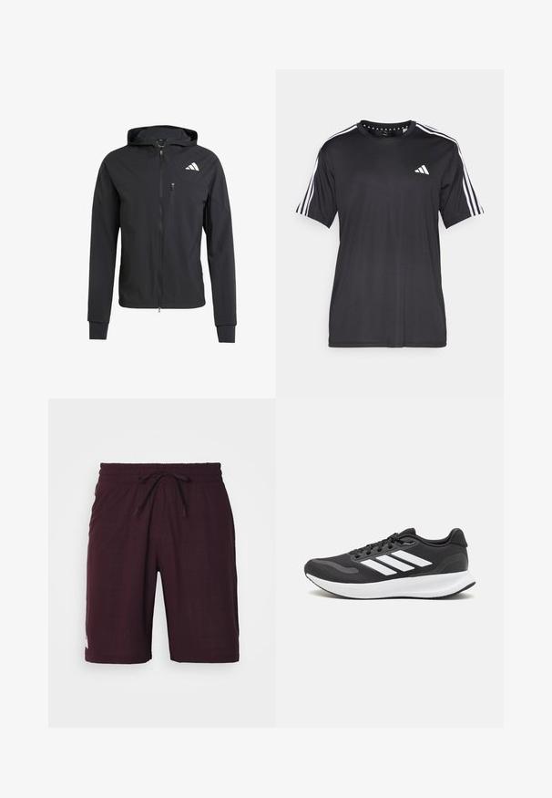 Giacca nera con zip e cappuccio realizzata in tessuto morbido e leggero. Presenta una tasca sul petto con zip e un dettaglio del logo sulla parte superiore sinistra.; T-shirt nera a maniche corte con design a tre strisce bianche sulle spalle e logo sul petto. Realizzata in tessuto traspirante, con una texture liscia.; Pantaloni corti bordeaux realizzati in tessuto texturizzato, dotati di una vita elastica con cordoncino e di un piccolo logo bianco sull'orlo inferiore.; Scarpa sportiva nera con tomaia in mesh traspirante, dettagli bianchi e suola ammortizzata. Presenta il logo con tre strisce sul lato.