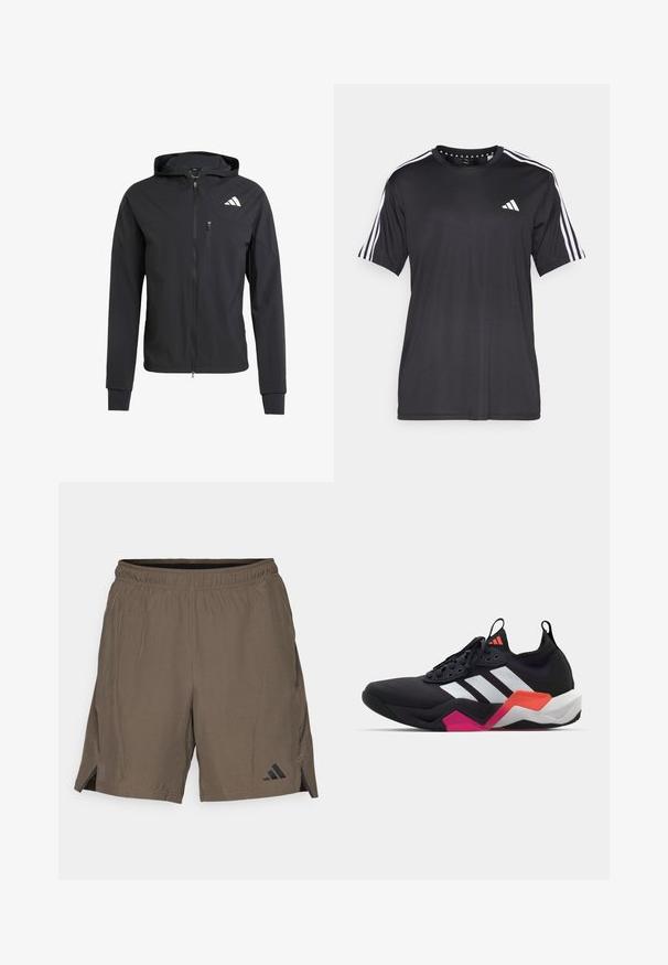 Čierna zipsová bunda s kapucňou vyrobená z mäkkej, ľahkej tkaniny. Má zipsovú náprsné vrecko a logo umiestnené v hornej ľavej časti.; Čierne tričko s krátkym rukávom s bielym trojprúžkom na pleciach a logom na hrudi. Vyrobené z priedušného materiálu, hladká textura.; adidas Performance Športové šortky - shadow olive; Čierne športové topánky s bielymi pruhmi, textúrovaný zvršok a masívna podrážka s oranžovými, ružovými a bielymi detailmi. Šnurovací dizajn s pútkom.