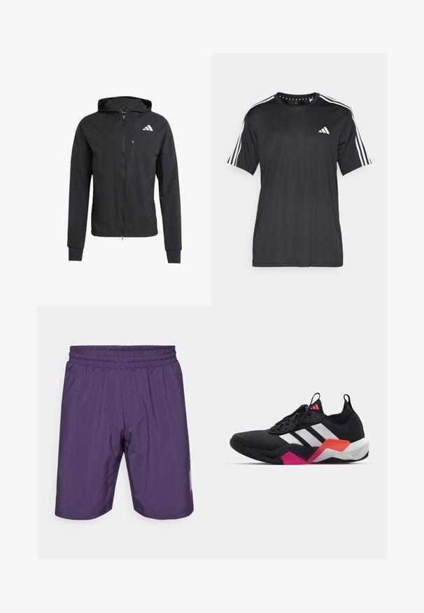 Čierna zipsová bunda s kapucňou vyrobená z mäkkej, ľahkej tkaniny. Má zipsovú náprsné vrecko a logo umiestnené v hornej ľavej časti.; Čierne tričko s krátkym rukávom s bielym trojprúžkom na pleciach a logom na hrudi. Vyrobené z priedušného materiálu, hladká textura.; Fialové športové šortky s elastickým pásom, hladkou textúrou a bočnými akcentmi. Majú dĺžku do polovice stehna a jednoduchý dizajn.; Čierne športové topánky s bielymi pruhmi, textúrovaný zvršok a masívna podrážka s oranžovými, ružovými a bielymi detailmi. Šnurovací dizajn s pútkom.