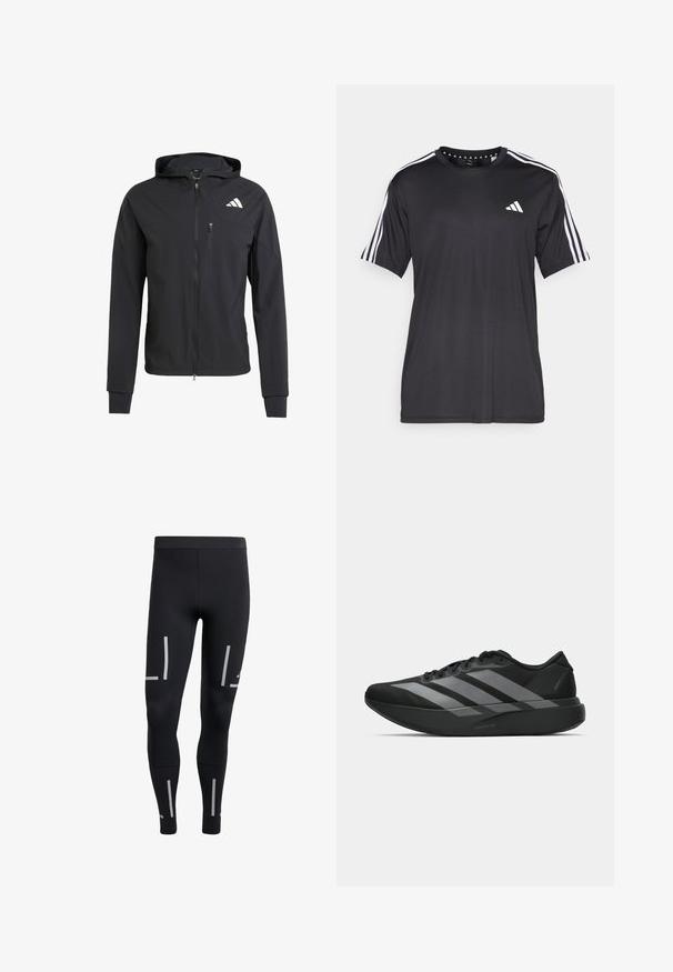 Schwarze Zip-Hoodie-Jacke aus weichem, leichtem Stoff. Verfügt über eine mit Reißverschluss verschlossene Brusttasche und ein Logodetail auf der oberen linken Seite.; Schwarzes T-Shirt mit kurzen Ärmeln und weißem Dreistrichdesign an den Schultern sowie Logo auf der Brust. Hergestellt aus atmungsaktivem Stoff, glatte Textur.; Schwarze Sportleggings mit einem figurbetonten Design, aus elastischem Material; verfügen über reflektierende Streifen an der Seite für bessere Sichtbarkeit.; Schwarze Sportschuhe mit einem leichten Design, ausgestattet mit drei auffälligen grauen Streifen, einer glatten Textur und einer konturierten Sohle.