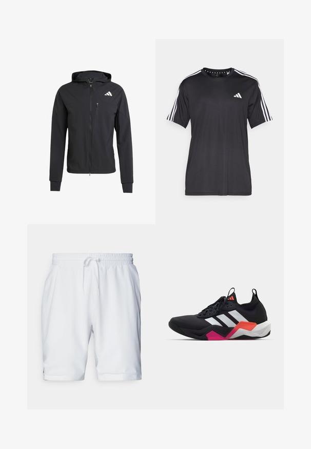 Schwarze Zip-Hoodie-Jacke aus weichem, leichtem Stoff. Verfügt über eine mit Reißverschluss verschlossene Brusttasche und ein Logodetail auf der oberen linken Seite.; Schwarzes T-Shirt mit kurzen Ärmeln und weißem Dreistrichdesign an den Schultern sowie Logo auf der Brust. Hergestellt aus atmungsaktivem Stoff, glatte Textur.; Weiße Sportshorts mit elastischem Bund und verstellbarem Kordelzug. Glatter Stoff mit subtiler Textur, ausgestattet mit Seitentaschen.; Schwarzer Sportschuh mit weißen Streifen, strukturierter Oberseite und einer klobigen Sohle, die orangefarbene, rosa und weiße Akzente aufweist. Geflochtenes Design mit Zugschlaufe.