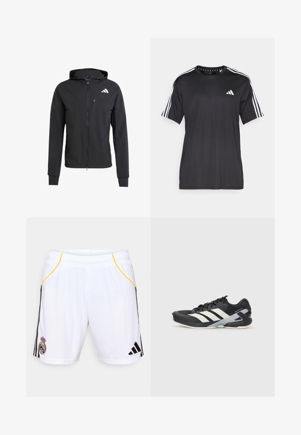 Juodas užtrauktuku užsegamas džemperis su gobtuvu, pagamintas iš minkštos, lengvos medžiagos. Turi užtrauktuką krūtinės kišenėje ir logotipą viršutiniame kairiajame kampe.; Juodas trumpas rankovėmis marškinėliai su balta trijų juostų dizainu ant pečių ir logotipu ant krūtinės. Pagaminta iš kvėpuojančios medžiagos, lygaus pynimo.; Balti sportiniai šortai su juodomis šoninėmis juostelėmis ir geltonomis detalėmis, turintys siuvinėtą emblema kairėje kojoje ir elastinę juostą.; Juoda sportinė avalynė su baltais dryžiais, tinklinis viršus, apvalus pirštas ir paminkštinta padais. Yra tekstūruota kulno dalis ir saugi raištelių sistema.