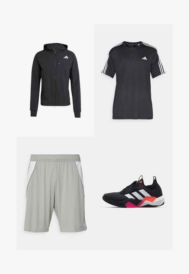 Musta vetoketjullinen huppari, joka on valmistettu pehmeästä ja kevyestä kankaasta. Siinä on vetoketjullinen rintatasku ja logotunnus vasemmalla ylhäällä.; Mustavalkoinen, lyhythihainen t-paita, jossa on valkoinen kolmiraidallinen design hartioilla ja logo rinnassa. Valmistettu hengittävästä kankaasta, jonka pinta on sileä.; Harmaat urheilushortsit, jotka on valmistettu kevyestä kankaasta. Niissä on valkoiset sivupaneelit, joustava vyötärö ja pieni logo alakulmassa.; Musta urheilukenkä valkoisilla raidalla, teksturoitu päällinen ja paksu pohja, jossa oranssia, vaaleanpunaista ja valkoista korostusta. Nauhakiinnitys ja vetotappi.