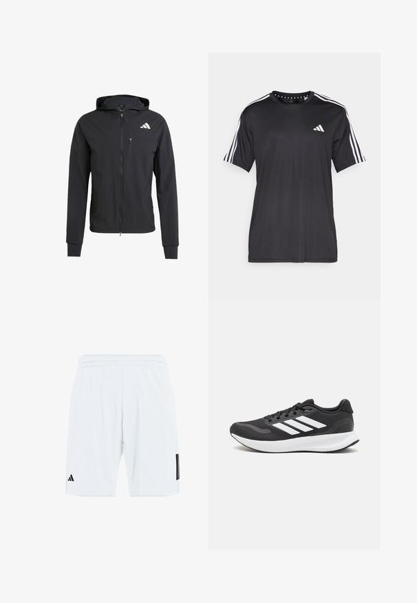 Svart hettejakke med glidelås laget av mykt, lett materiale. Har en glidelåslomme på brystet og logo detaljer øverst til venstre.; Svart kortermet t-skjorte med hvit tre-stripesdesign på skuldrene og logo på brystet. Laget av pustevennlig stoff med glatt tekstur.; Hvite atletiske shorts med elastisk midjebånd, med tre svarte striper på sidene og en svart logo på nedre venstre ben.; Svarte sportsko med pustende mesh-overdel, hvite detaljer og en polstret såle. Har tre striper-logo på siden.