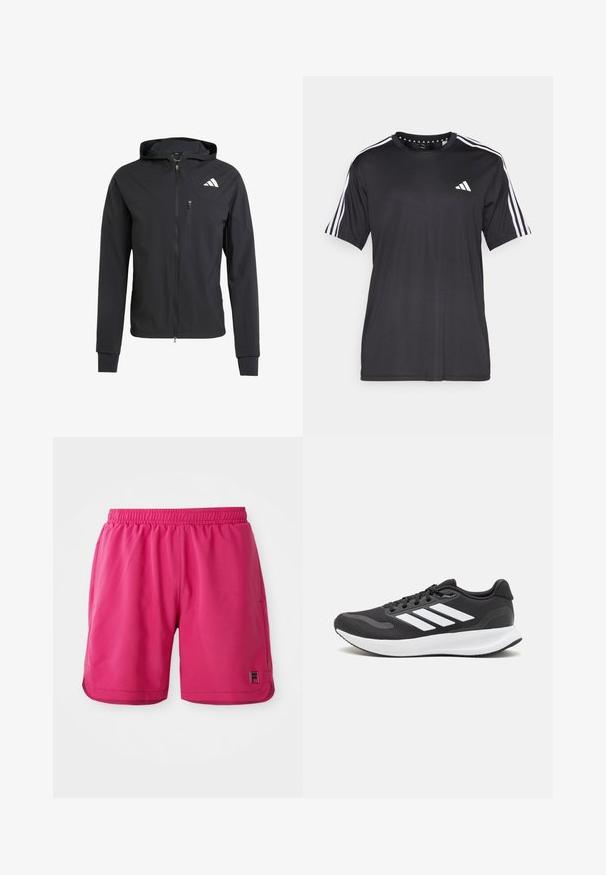 Svart hettejakke med glidelås laget av mykt, lett materiale. Har en glidelåslomme på brystet og logo detaljer øverst til venstre.; Svart kortermet t-skjorte med hvit tre-stripesdesign på skuldrene og logo på brystet. Laget av pustevennlig stoff med glatt tekstur.; Lyse rosa treningsshorts med elastisk midje og liten merkevarelogo nederst til venstre på benet mot en hvit bakgrunn.; Svarte sportsko med pustende mesh-overdel, hvite detaljer og en polstret såle. Har tre striper-logo på siden.