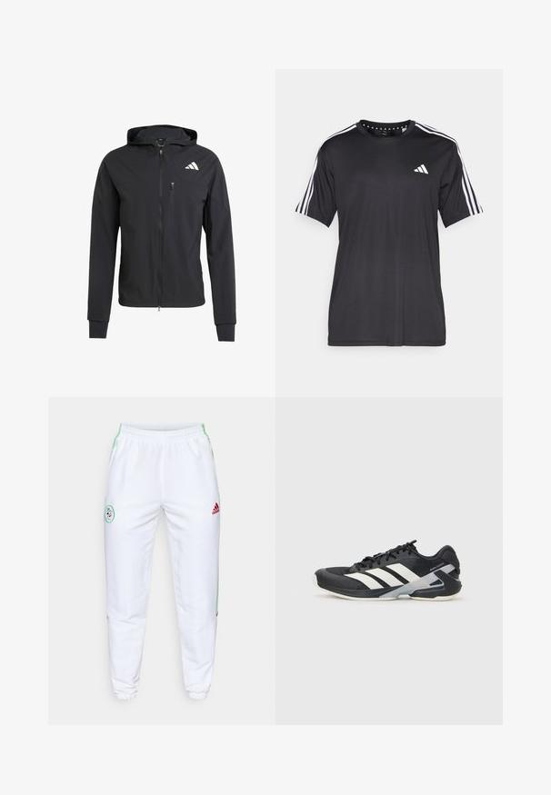 Svart hettejakke med glidelås laget av mykt, lett materiale. Har en glidelåslomme på brystet og logo detaljer øverst til venstre.; Svart kortermet t-skjorte med hvit tre-stripesdesign på skuldrene og logo på brystet. Laget av pustevennlig stoff med glatt tekstur.; Hvite treningbukser med elastisk midje, grønne sidestriper og rødt Adidas-logo. Har et rundt brodert merke på låret.; Svart treningssko med hvite striper, mesh-overdel, avrundet tå og polstret såle. Har en teksturert hæl og et sikkert snøresystem.