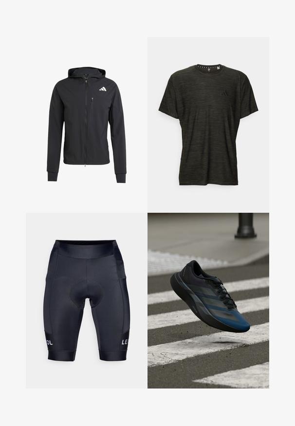 Černá zipová mikina s kapucí vyrobená z měkké, lehké látky. Obsahuje zipovou kapsu na prsou a detail loga na horní levé straně.; Tmavě zelené tričko s krátkým rukávem a texturovaným vzorem, kulatým výstřihem a malým černým logem na hrudi. Rovný spodní lem.; Černé cyklistické šortky vyrobené z pružného materiálu. Mají polstrovanou oblast sedadla a bílé logo "LE COOL" na dolní levé noze.; Černá a modrá sportovní obuv s aerodynamickým designem, s texturovaným svrškem, kontrastními pruhy a polstrovanou podešví, visící nad chodníkem.