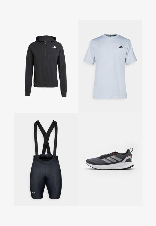 Musta vetoketjullinen huppari, joka on valmistettu pehmeästä ja kevyestä kankaasta. Siinä on vetoketjullinen rintatasku ja logotunnus vasemmalla ylhäällä.; adidas Performance Tekninen t-paita - halo silver-coloured/black; Mustat pyöräilyhousut, joissa on säädettävät olkaimet, pehmustettu istuin, tekstuuri ja logodetalji vasemmassa jalassa. Muotoonpuristava design.; Juoksukengät mustina harmailla yksityiskohdilla. Ominaisuuksina teksturoitu päällinen, kestävä pohja ja heijastavat raidat. Kevyt muotoilu pehmustetulla välipohjalla.