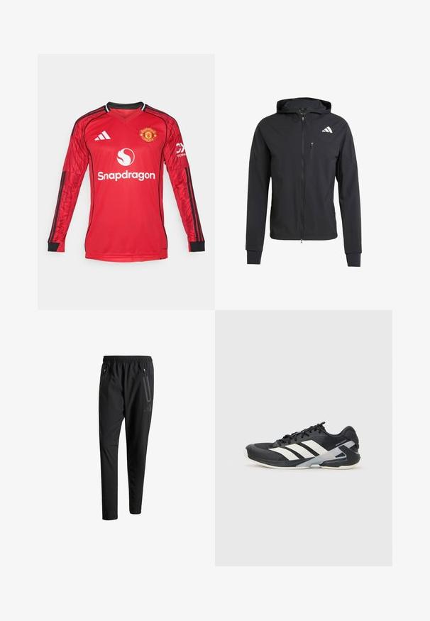 Svart hettejakke med glidelås laget av mykt, lett materiale. Har en glidelåslomme på brystet og logo detaljer øverst til venstre.; Rød langermet fotballdrakt med svarte detaljer, v-halsdesign, Adidas-logo, Manchester United-merke og "Snapdragon"-tekst på forsiden.; Svarte treningsbukser med elastisk liv, to glidelåslommer på sidene, avsmalnende ben og en subtil logo detalj ved hoften.; Svart treningssko med hvite striper, mesh-overdel, avrundet tå og polstret såle. Har en teksturert hæl og et sikkert snøresystem.
