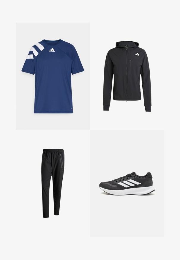 Casaco com capuz preto, com fecho éclair, feito de um tecido suave e leve. Possui um bolso no peito com fecho éclair e detalhe do logo no lado superior esquerdo.; T-shirt atlético azul-marinho feito de tecido texturizado, com riscas brancas no ombro esquerdo e um pequeno logo perto do decote.; Calças de treino pretas com uma cintura elástica, dois bolsos laterais com fecho, pernas ajustadas e um discreto detalhe de logotipo no quadril.; Shoe de atletismo preto com parte superior em malha respirável, detalhes brancos e sola almofadada. Apresenta o logotipo das três riscas na lateral.