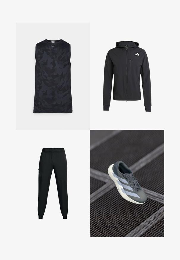 Mustmust mustrip ja pehmeast, kerge kangast. Varustatud lukuga rinna tasku ja logoga detail vasakul ülal.; Õlavarreteta must särk, millel on kamuflaažimuster, valmistatud kergest ja hingavast kangast, ümmarguse kaelusega ja õmmeldud servaga.; Musthave mustamaadid sportlikud püksid elastse vöökohaga, kitseneva jala disainiga, küljetaskudega ja kontrastsete paneelide detailidega. Kerge, sileda kangaga.; Hallide saapad hallis ja valges, valmistatud sünteetilisest materjalist, voolujoonelise disainiga, tekstuurse viimistlusega ja silmapaistva nöörimise süsteemiga.