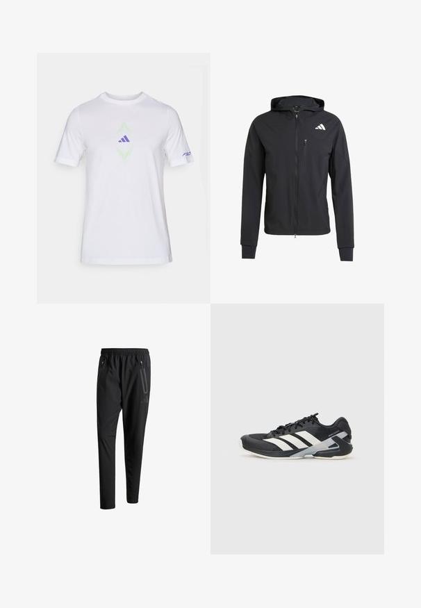 Crna zip-jakna s kapuljačom izrađena od mekog, laganog materijala. Ima ziper džep na grudima i detalj s logotipom na gornjoj lijevoj strani.; Bijela pamučna majica kratkih rukava. Sadrži zeleni i lavanda grafički dizajn na sredini, uključujući ljubičasti logo i tekst "F50" na rukavu.; Crne atletske hlače s elastičnim pojasom, dva bočna džepa sa zatvaračem, suženi nogavici i diskretnim logotipom na kuku.; Crne atletske cipele s bijelim prugama, mrežasta gornja strana, zaobljeni prst i podstavljeni đon. Imaju teksturiranu petu i siguran sustav vezivanja.