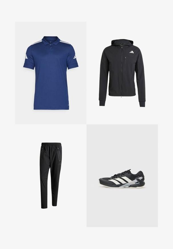 Sort zip-up hættetrøje lavet af blødt, letvægtsstof. Har en lynlåslomme på brystet og logo-detalje på øverste venstre side.; Marineblå polo-shirt lavet af åndbart stof, med korte ærmer, krave, tre knaplukninger og tre hvide striber på skuldrene.; Sorte atletiske bukser med elastisk talje, to lynlåslommer på siden, tætsiddende ben og en diskret logo-detalje på hoften.; Sort sportsko med hvide striber, mesh-overdel, rund tå og dæmpet sål. Har en tekstureret hæl og et sikkert snøresystem.