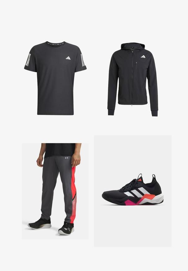Črna zip-up kapuca iz mehkega, lahkotnega materiala. Ima žep na prsih z zadrgo in detajl logotipa na zgornji levi strani.; Črna kratkoslezna športna majica iz teksturirane tkanine. Ima bele tri črte na rokavih in Adidas logo na sprednji strani.; Atletske hlače v sivi barvi z rdečim stranskim panelom in črtastimi poudarki. Narejene so iz lahkega materiala. Imajo logo na boku in žepe.; Črne športne čevlje z belimi črtami, teksturirano zgornjim delom in robustnim podplatom z oranžnimi, roza in belimi poudarki. Zavezovanje z vlečno spono.