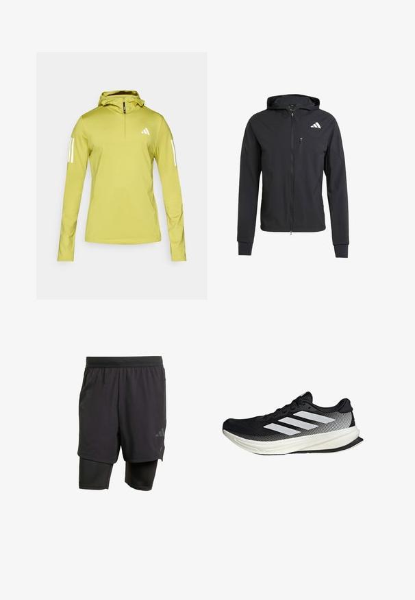 Black zip-up hooded jacket made of soft, lightweight fabric. Features a zippered chest pocket and logo detail on the upper left side.; Light green long-sleeve hoodie with a half-zip, featuring white stripes on sleeves and a logo on the chest. Textured stretch fabric.; Black athletic shorts with integrated inner layer, made from breathable fabric. Features subtle logo and structured texture. Adjustable waistband.; Black athletic shoe with a mesh design, featuring white stripes, a rounded toe, and a textured sole for grip and support.