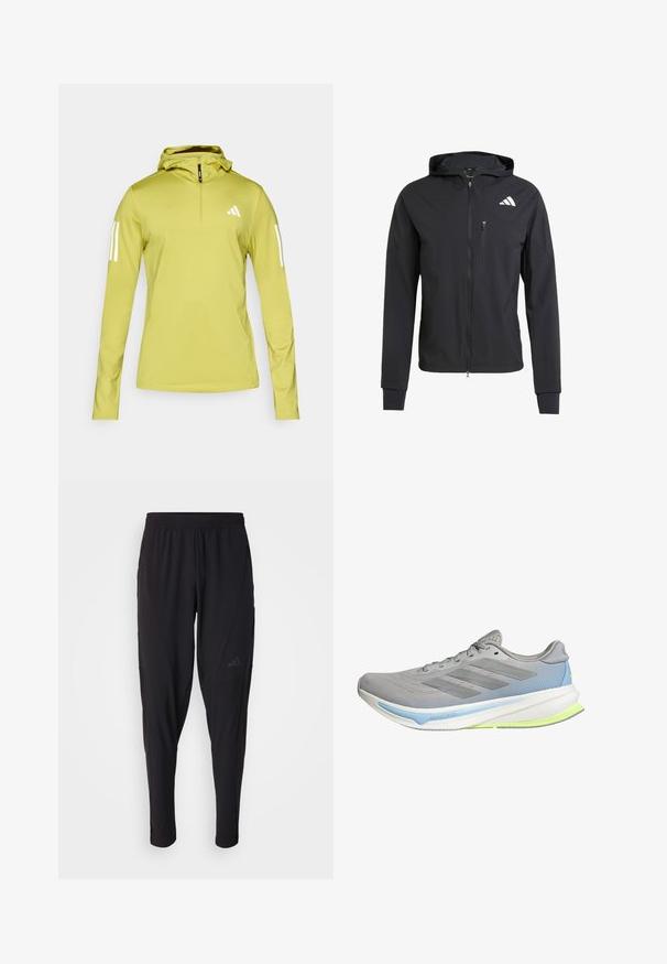 Zwarte ritssluiting capuchonjack van zacht, lichtgewicht materiaal. Heeft een ritszak op de borst en een logo-detail aan de bovenste linkerkant.; Lichtgroene hoodie met lange mouwen en een halve rits, met witte strepen op de mouwen en een logo op de borst. Gestructureerde stretchstof.; Zwarte sportbroek met een elastische tailleband, taps toelopend ontwerp, zijzakken en subtiele logodetails. Gemaakt van flexibele, ademende stof.; Lichte hardloopschoen van grijze mesh met blauwe en limoengroene accenten. Beschikt over een gebogen zool, een gestructureerd patroon en zes oogjes voor veters.