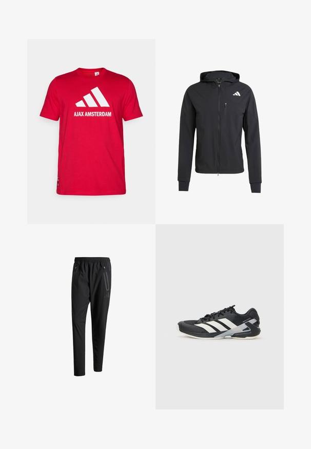 Čierna zipsová bunda s kapucňou vyrobená z mäkkej, ľahkej tkaniny. Má zipsovú náprsné vrecko a logo umiestnené v hornej ľavej časti.; Červené bavlnené tričko s bielym logom Adidas a textom "AJAX AMSTERDAM". Krátke rukávy, okrúhly výstrih, štandardný strih.; Čierne športové nohavice s elastickým pásom, dvoma bočnými zipsovými vreckami, zužujúcimi sa nohavicami a nenápadným detailom loga na bokoch.; Čierna športová obuv s bielymi pruhmi, sieťovinový zvršok, zaoblená špička a polstrovaná podrážka. Obsahuje štruktúrovaný opätok a bezpečný systém šnurovania.
