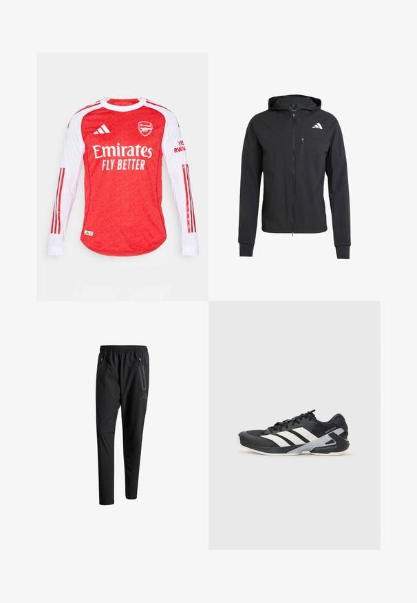 Crna zip-jakna s kapuljačom izrađena od mekog, laganog materijala. Ima ziper džep na grudima i detalj s logotipom na gornjoj lijevoj strani.; Crvena dugorukava majica s uzorkom, bijele rukave i crvene pruge. Sadrži Arsenalov logo i natpis "Emirates Fly Better".; Crne atletske hlače s elastičnim pojasom, dva bočna džepa sa zatvaračem, suženi nogavici i diskretnim logotipom na kuku.; Crne atletske cipele s bijelim prugama, mrežasta gornja strana, zaobljeni prst i podstavljeni đon. Imaju teksturiranu petu i siguran sustav vezivanja.