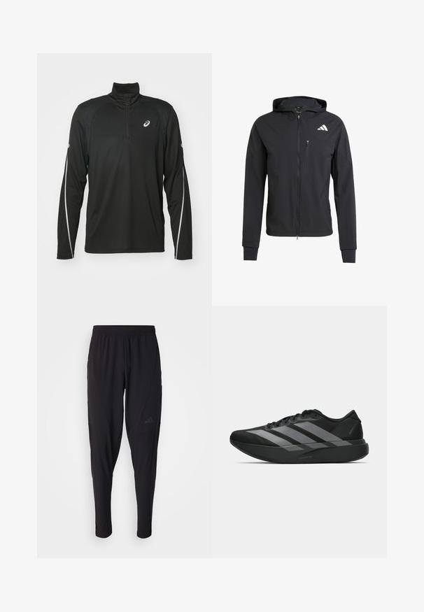 Schwarze Zip-Hoodie-Jacke aus weichem, leichtem Stoff. Verfügt über eine mit Reißverschluss verschlossene Brusttasche und ein Logodetail auf der oberen linken Seite.; Schwarzes Langarm-Sportoberteil mit einem halben Reißverschluss am Kragen, ausgestattet mit reflektierenden weißen Akzenten an den Ärmeln und einem Logo auf der Brust.; Schwarze Sporthosen mit elastischem Bund, tailliertem Design, Seitentaschen und dezenten Logo-Details. Hergestellt aus flexiblem, atmungsaktivem Material.; Schwarze Sportschuhe mit einem leichten Design, ausgestattet mit drei auffälligen grauen Streifen, einer glatten Textur und einer konturierten Sohle.