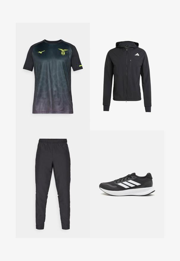 Svart hettejakke med glidelås laget av mykt, lett materiale. Har en glidelåslomme på brystet og logo detaljer øverst til venstre.; Svart og mørkegrå sportsdrakt med kortermet design, med et gradientmønster og et subtilt spindelvev-design; har Mizuno-logo og Lazio-blason i gult.; Svarte treningsbukser med elastisk midje, avsmalnende ben og hvite sideakenter. Laget av syntetisk materiale med en glatt tekstur.; Svarte sportsko med pustende mesh-overdel, hvite detaljer og en polstret såle. Har tre striper-logo på siden.