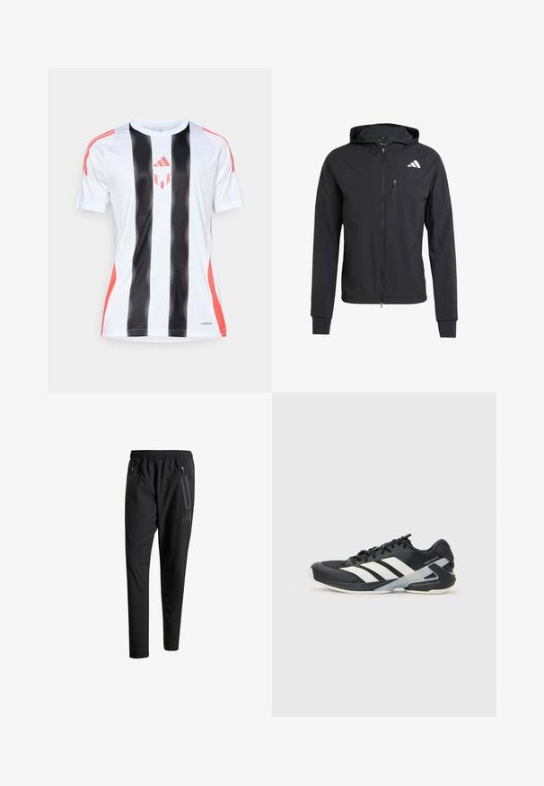 Schwarze Zip-Hoodie-Jacke aus weichem, leichtem Stoff. Verfügt über eine mit Reißverschluss verschlossene Brusttasche und ein Logodetail auf der oberen linken Seite.; Weißes Sporttrikot mit schwarzen vertikalen Streifen und roten Akzenten an den Schultern. Verfügt über die AeroReady-Technologie zur Feuchtigkeitsregulierung.; Schwarze Sporthose mit elastischem Bund, zwei Reißverschlusstaschen an den Seiten, schmal zulaufenden Beinen und einem dezenten Logo-Detail an der Hüfte.; Schwarzer Sportschuh mit weißen Streifen, Obermaterial aus Mesh, runde Zehenform und gepolstertem Sohlenteil. Verfügt über eine strukturierte Ferse und ein sicheres Schnürsystem.