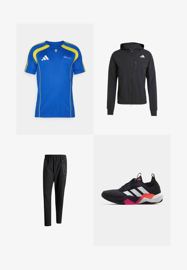 Crna zip-jakna s kapuljačom izrađena od mekog, laganog materijala. Ima ziper džep na grudima i detalj s logotipom na gornjoj lijevoj strani.; adidas Performance JUVENTUS TURIN URBAN PURIST JERSEY - Klupska odjeća - team royal blue; Crne atletske hlače s elastičnim pojasom, dva bočna džepa sa zatvaračem, suženi nogavici i diskretnim logotipom na kuku.; Crne atletske tenisice s bijelim prugama, teksturiranim gornjim dijelom i debelim potplatom s narančastim, ružičastim i bijelim detaljima. Dizajn s vezicama i trakom za povlačenje.