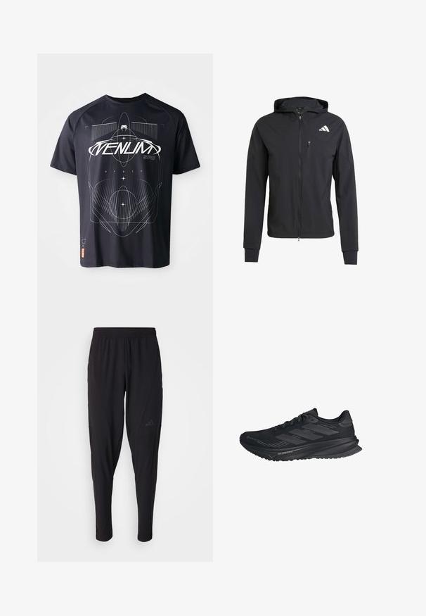 Zwarte ritssluiting capuchonjack van zacht, lichtgewicht materiaal. Heeft een ritszak op de borst en een logo-detail aan de bovenste linkerkant.; Zwarte T-shirt met korte mouwen met een geometrisch wit grafisch ontwerp, inclusief lijnen en tekst, met een label aan de onderlinkerkant.; Zwarte sportbroek met een elastische tailleband, taps toelopend ontwerp, zijzakken en subtiele logodetails. Gemaakt van flexibele, ademende stof.; Zwarte Adidas hardloopschoen met Gore-Tex bovenwerk, drie strepen aan de zijkant en "Dreamstrike" op de zool, gezien vanaf de buitenzijde.
