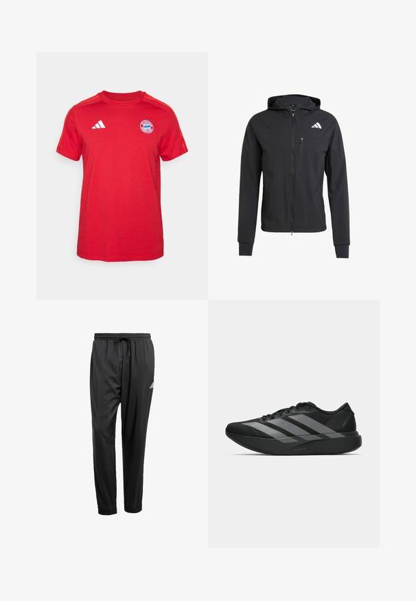 Crna zip-jakna s kapuljačom izrađena od mekog, laganog materijala. Ima ziper džep na grudima i detalj s logotipom na gornjoj lijevoj strani.; Crvena pamučna majica s kratkim rukavima, okruglim izrezom, bijelim adidas logotipom i grbom FC Bayern Munchen na prsima.; Crne atletske hlače s elastičnim pojasom, vezicom, manžetama na gležnjevima i malim bijelim logom na desnom bedru.; Crne atletske tenisice s laganim dizajnom, koje imaju tri istaknute sive pruge, glatku teksturu i oblikovanu pogodnu potplat.