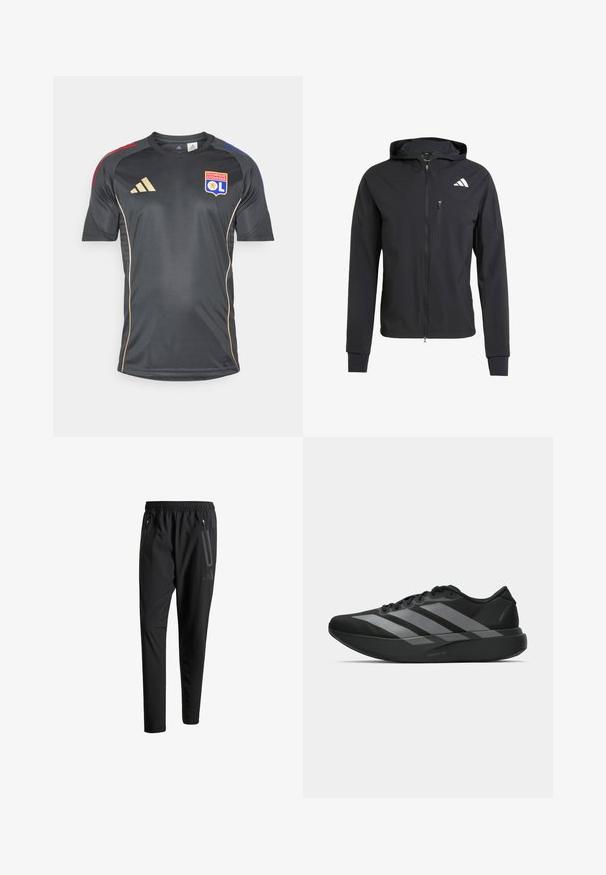 Zwarte ritssluiting capuchonjack van zacht, lichtgewicht materiaal. Heeft een ritszak op de borst en een logo-detail aan de bovenste linkerkant.; Zwart sportshirt met korte mouwen, voorzien van gouden accenten en een teamlogo. Gemaakt van glad, vochtafvoerend materiaal.; Zwarte sportbroeken met een elastische tailleband, twee ritszakken aan de zijkant, taps toelopende pijpen en een subtiele logo-detail op de heup.; Zwarte sportieve schoenen met een lichtgewicht ontwerp, voorzien van drie opvallende grijze strepen, een gladde textuur en een gevormde zool.