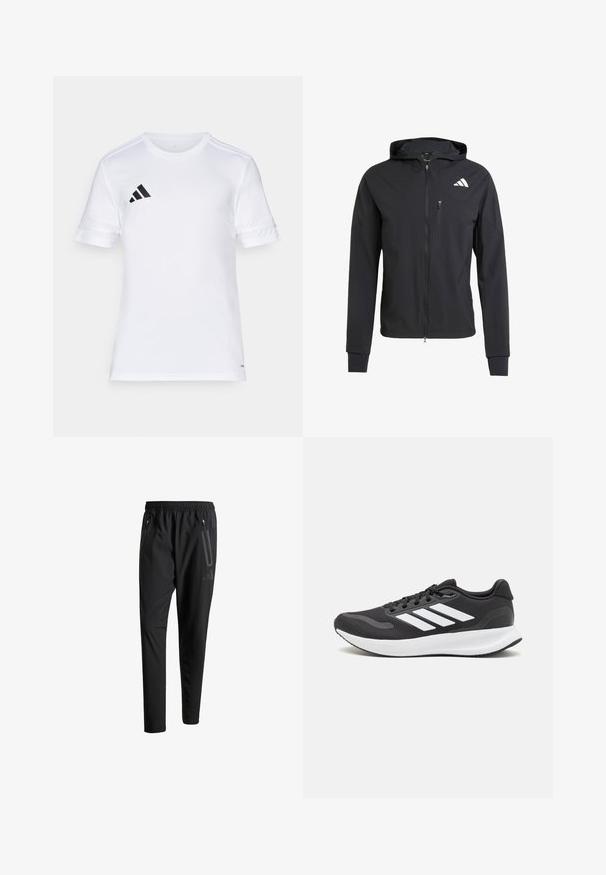 Mustmust mustrip ja pehmeast, kerge kangast. Varustatud lukuga rinna tasku ja logoga detail vasakul ülal.; Valge lühikeste varrukatega spordipaita, millel on must kolmerealine disain õlgadel ja logo vasakul rinnaosal. Sile ja kerge kangas.; Mustavad spordipüksid elastse vöökoha, kahe tõmblukuga küljetasku, kitsenevate säärete ning õrna logodetailiga puusadel.; Mustmust valmistatud õhulise võrgu ülemise osa, valgete aktsentidega ja pehme tallaga must sportlik king. Küljel on kolm triipu kujutav logo.