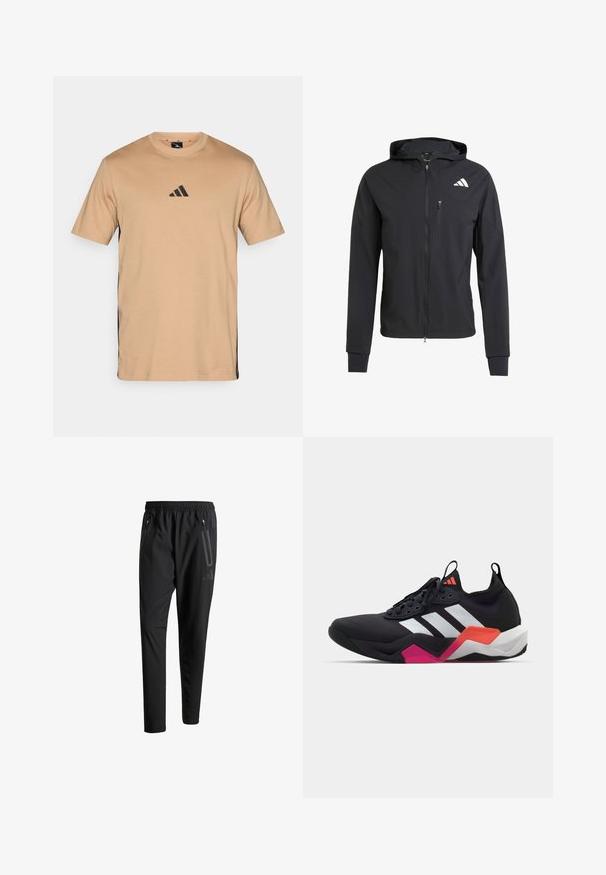 Melnas jaku ar rāvējslēdzēju, izgatavota no mīksta, viegla auduma. Iekļauj rāvējslēdzēja kabatu krūtīs un logotipa dizainu augšējā kreisajā pusē.; Gaišs brūns T-krekls ar apaļu kakla izgriezumu un īsām piedurknēm. Uz krūšu ir melns Adidas logo un melnas sānu akcenti. Izgatavots no kokvilnas.; Melni sporta bikses ar elastīgu vidukli, divām kabatām ar rāvējslēdzējiem sānos, sašaurinātām kājām un diskrētu logo detaļu uz gurniem.; Melna sporta kurpe ar baltām svītrām, teksturētu virsējo daļu un masīvu zoli, kurai ir oranži, rozā un baltie akcenti. Auklu dizains ar vilkšanas cilpu.