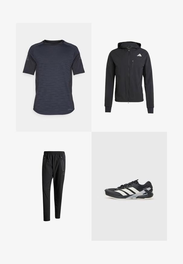 Černá zipová mikina s kapucí vyrobená z měkké, lehké látky. Obsahuje zipovou kapsu na prsou a detail loga na horní levé straně.; Krátký rukáv sportovní tričko v tmavě šedé barvě, s texturovaným vzorem, materiálem odvádějícím vlhkost a designem s kulatým výstřihem.; Černé sportovní kalhoty s elastickým pasem, dvěma zipovými bočními kapsami, zúženými nohavicemi a decentním logem na boku.; Černá sportovní obuv s bílými pruhy, síťovaným svrškem, zaoblenou špičkou a polstrovanou podrážkou. Obsahuje texturovanou patu a bezpečný systém šněrování.