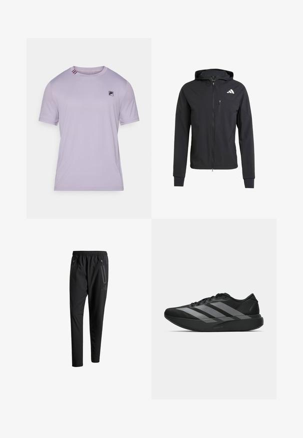 Čierna zipsová bunda s kapucňou vyrobená z mäkkej, ľahkej tkaniny. Má zipsovú náprsné vrecko a logo umiestnené v hornej ľavej časti.; Svetlofialové športové tričko vyrobené z hladkej tkaniny. Obsahuje čierne logo na hrudi a kontrastné pruhy na golieri. Krátke rukávy.; Čierne športové nohavice s elastickým pásom, dvoma bočnými zipsovými vreckami, zužujúcimi sa nohavicami a nenápadným detailom loga na bokoch.; Čierne športové topánky s ľahkým dizajnom, obsahujúce tri výrazné šedé pruhy, hladkú textúru a kontúrovanú podrážku.